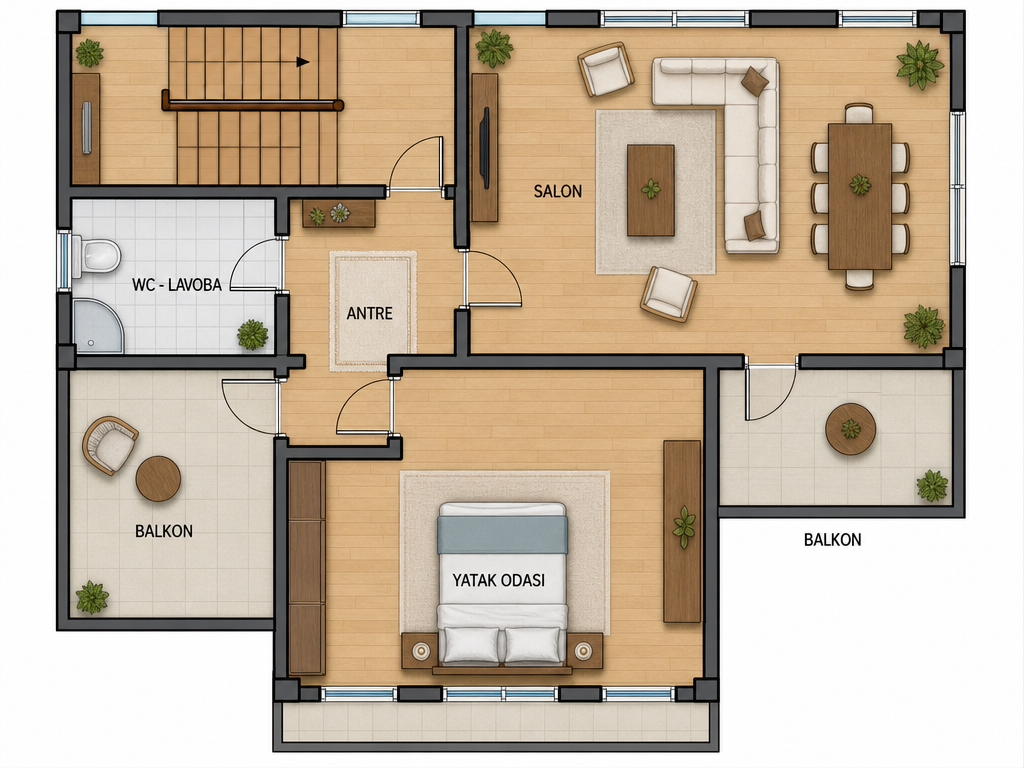 teknık plan 5 — Modern AI mimari render, BentoMesh Keşfet