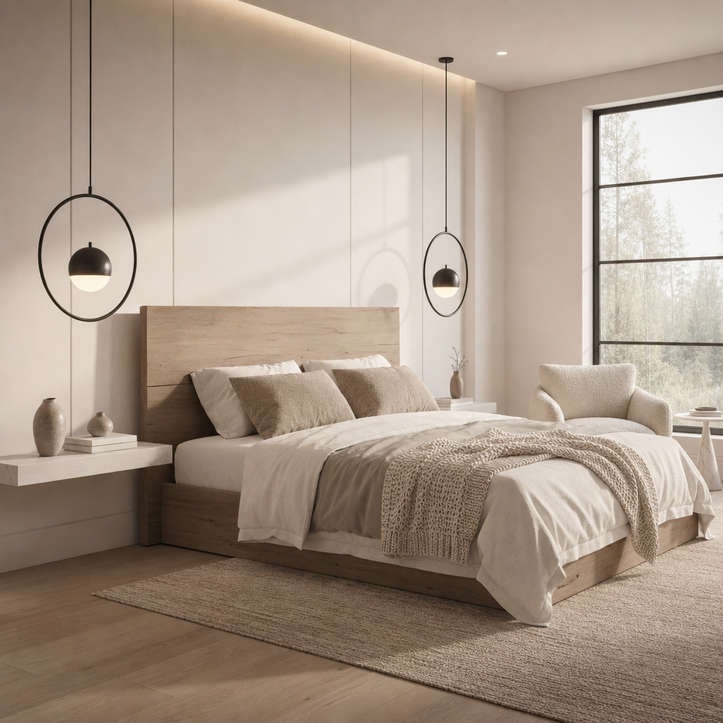 yatak odası 2 — Modern yatak odası AI mimari render, BentoMesh Keşfet