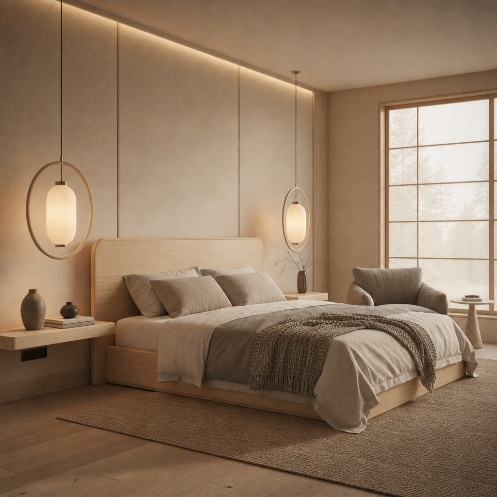 yatak odası 1 — Modern yatak odası AI mimari render, BentoMesh Keşfet