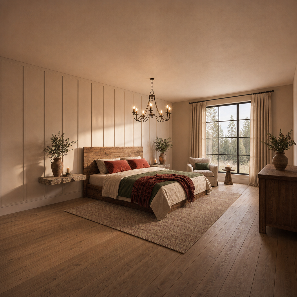 yatak odası 6 — Modern yatak odası AI mimari render, BentoMesh Keşfet
