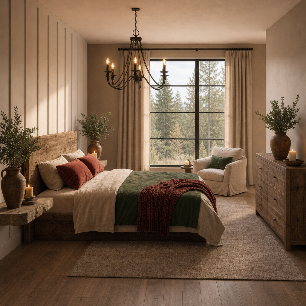 yatak odası 9 — Modern yatak odası AI mimari render, BentoMesh Keşfet