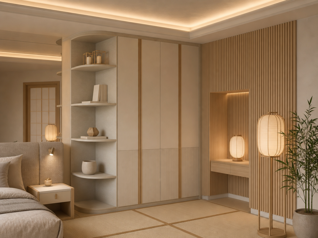 Modern yatak odası tasarımı #4 — Çoklu stil karşılaştırma ile AI render — AI mimari render, BentoMesh Keşfet